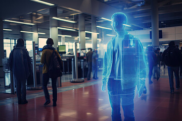 Illustration of a person being scanned at the airport, modern technologies. - obrazy, fototapety, plakaty