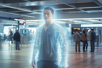 Illustration of a person being scanned at the airport, modern technologies.
