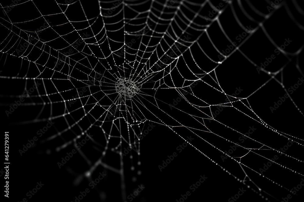 Wall mural bright spider web on a dark black background created with the help of artificial intelligence