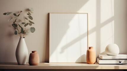 Generative AI, Realistic white poster mock up blank minimalistic background, artwork template, muted neutral colors