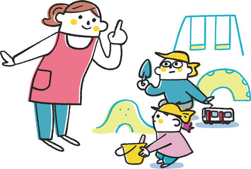 Obraz premium 砂遊びする園児にお話しする先生 イラスト素材 