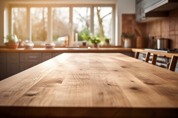 Gentle light streams in from the window against an empty wooden table and a modern kitchen in the background. Good lifestyle concept for cooking and eating.
