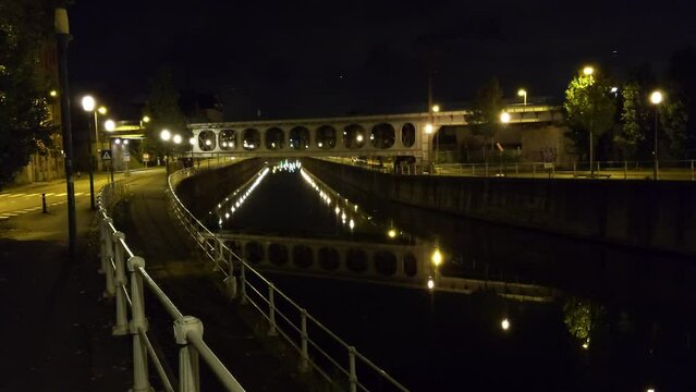 Scenic view of the Brussels canal in Anderlecht in the evening at Pont Vierendeel. Empty peaceful streets in the Belgian capital of Belgium
