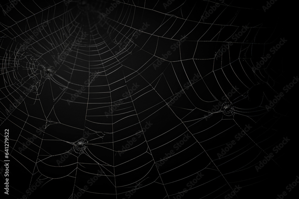 Wall mural bright spider web on a dark black background created with the help of artificial intelligence