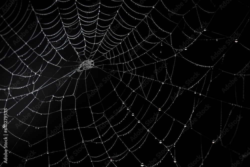 Wall mural bright spider web on a dark black background created with the help of artificial intelligence