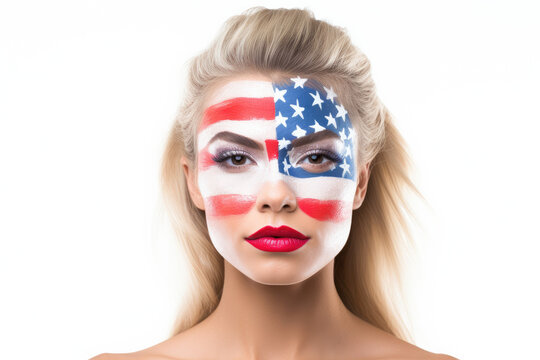 Portrait of a woman with the flag of the USA painted on her face. Sports fan girl. Patriotic portrait with white background. 