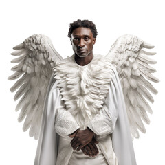 Halloween costumes -  Front view mid shot of African man dressed as isolated angel on white transparent background
