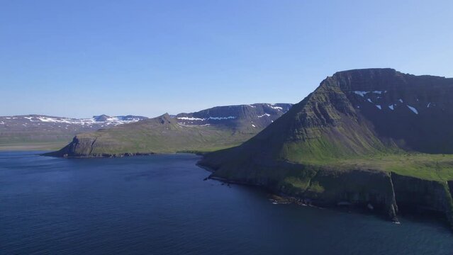 Aerial Drone Pan over remote wildness of Hornstrandir Iceland