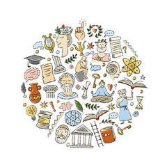 Philosophy concept art, hand-drawn philosophers and elements. Circle frame background for your design