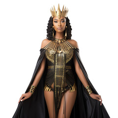 Halloween costumes -  Front view mid shot of African woman dressed as Egyptian queen isolated on white transparent background
