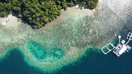 Aerial Flying Over Tropical Gaya Island Off Kota Kinabalu. Birds Eye View