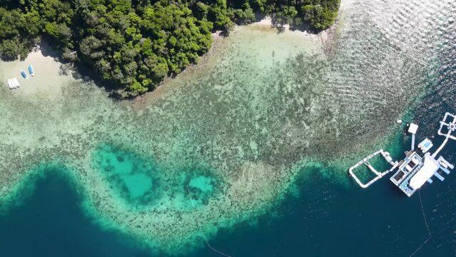 Aerial Flying Over Tropical Gaya Island Off Kota Kinabalu. Birds Eye View