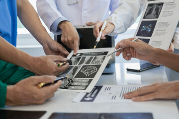 Meeting with doctors in white lab robes and surgical scrubs, sitting at tables, discussing medical patient records, working on diversity shows, collaboration, teamwork or workshops for data analysis.