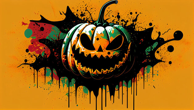 halloween background with halloween pumpkin, Graffiti halloween pumpkin with funny teeth and paint splashes in the eyes, in the style of bold lithographic, Ai generated image