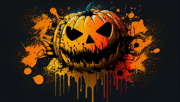 halloween background with halloween pumpkin, Graffiti halloween pumpkin with funny teeth and paint splashes in the eyes, in the style of bold lithographic, Ai generated image