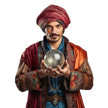 Halloween costumes -  Front view mid shot of Latin man dressed as fortune-teller isolated on white transparent background