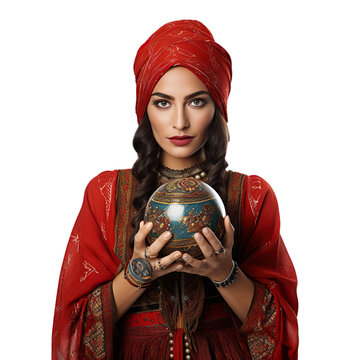 Halloween costumes -  Front view mid shot of Latin woman dressed as fortune-teller isolated on white transparent background