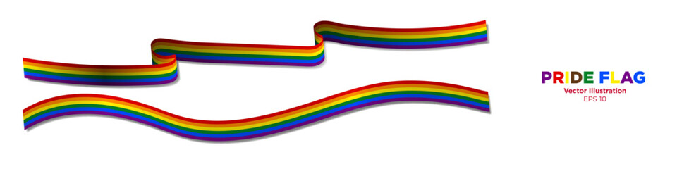 Fototapeta premium 3D Realistic Rainbow Pride Flag Ribbons with shadows. Long Horizontal Rainbow Pride Flag Bands. Curled and rendered in perspective. Graphic Resource. Editable Vector Illustration. 