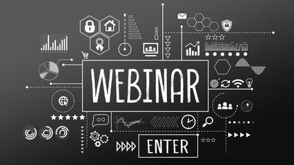 Fototapeta premium Online webinar. Web page with different icons and Enter button on dark gray background