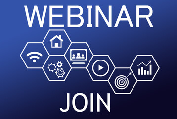 Online webinar. Web page interface with word Join and different icons on blue background
