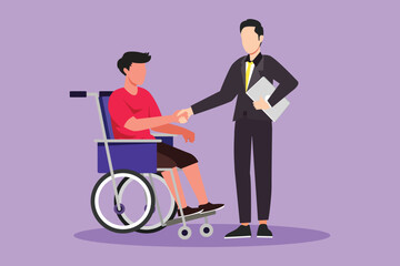 Character flat drawing of disability employment responsibility, work for disabled people. Active disable man sit in wheelchair shaking hand with colleague in office. Cartoon design vector illustration