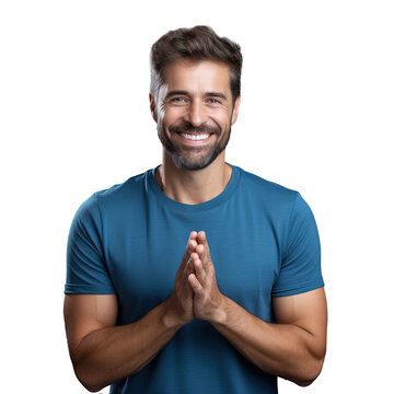 Satisfied unshaven man with blue T shirt happily applauding and enjoying