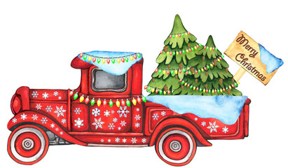 Christmas Tree. Christmas Truck. Merry Christmas. Watercolor Illustration
