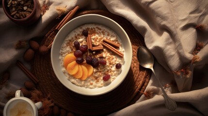 Image from top to bottom: bowl of oatmeal with cinnamon swirls and dried fruit.