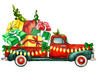 Christmas Tree. Christmas Truck. Merry Christmas. Watercolor Illustration