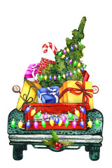 Naklejka premium Christmas Tree. Christmas Truck. Merry Christmas. Watercolor Illustration