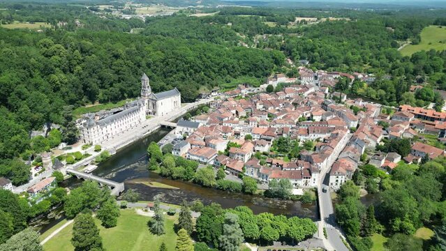 Brantome town in the Dordogne France drone, high angle