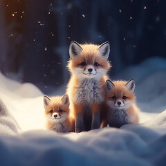 Fototapeta premium A small group of tiny and cute foxes in the high-res snow Generative AI