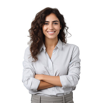 Happy smiling woman in shirt with crossed arms representing diverse ethnicities in a portrait