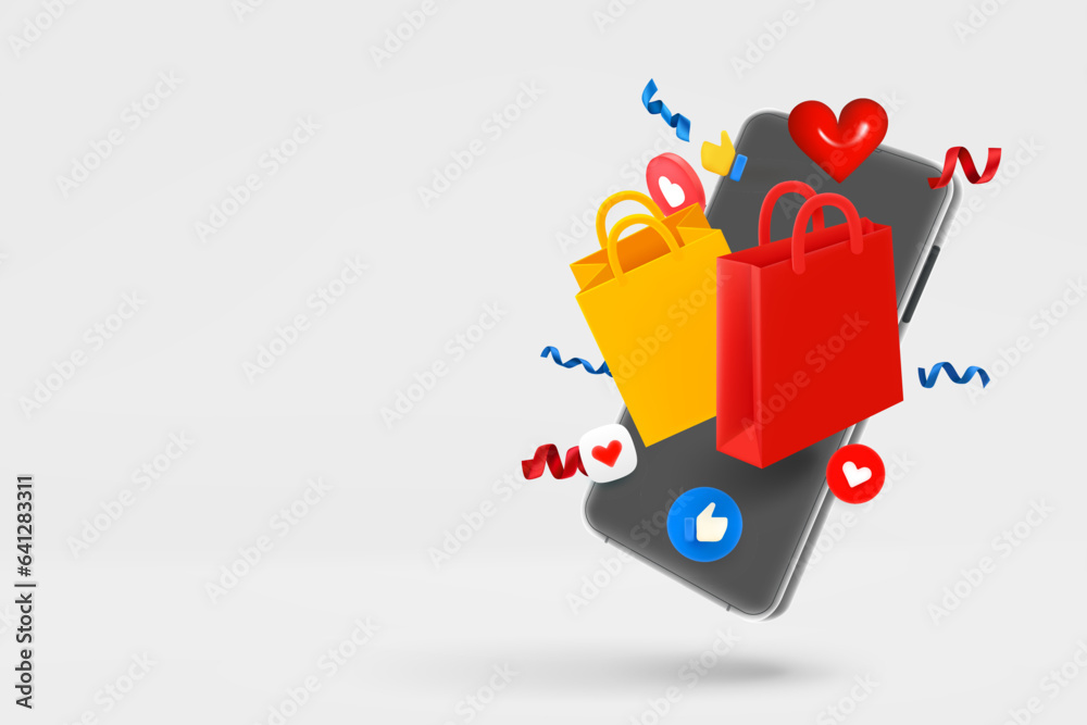 Poster modern smartphone with social media mobile icons and shopping bags. 3d vector banner with copy space