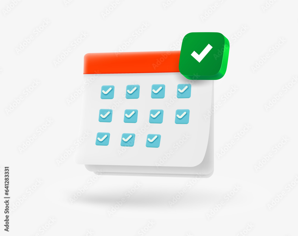 Poster paper calendar with green checkmark. 3d vector icon