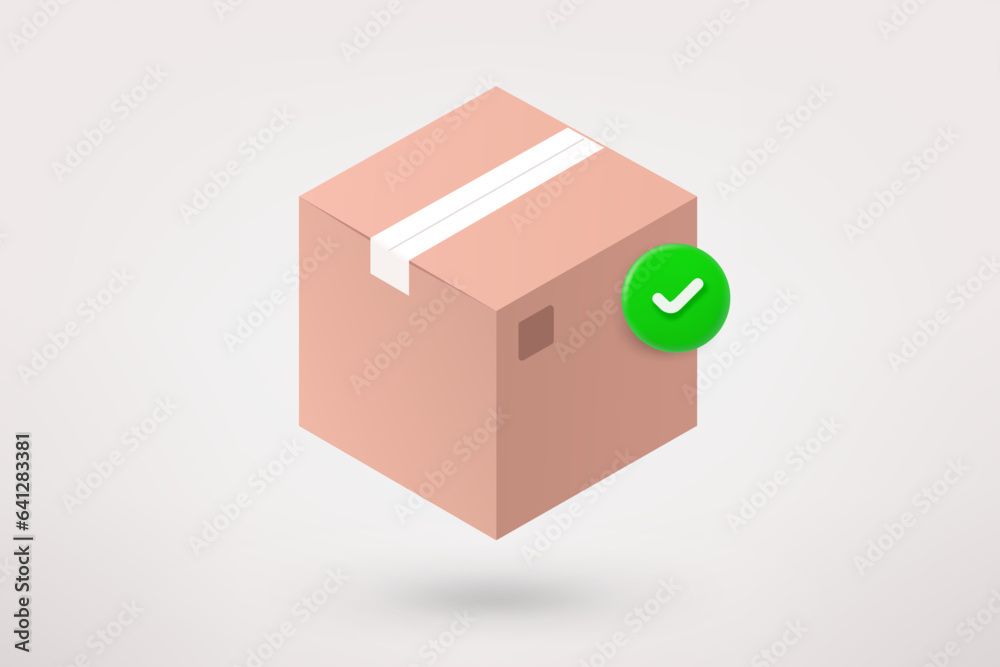 Poster postage box with green checkmark. 3d vector icon