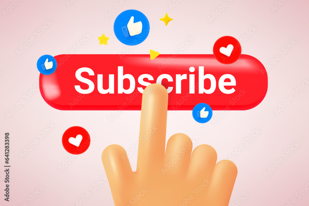 Poster hand pressing subscribe button. social media concept. 3d vector illustration