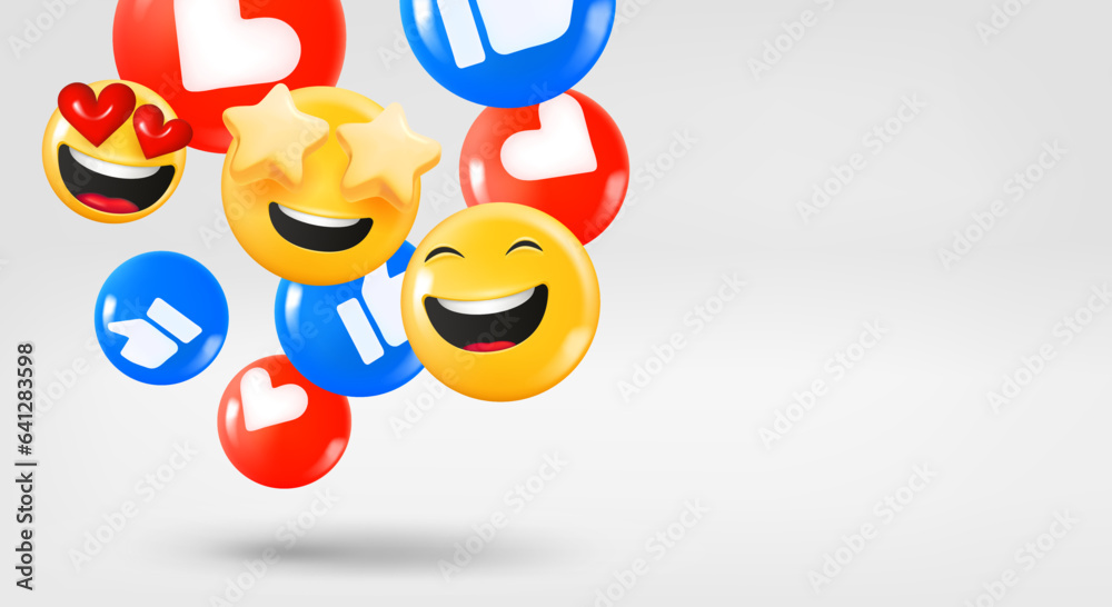 Poster thumb ups, hearts and smiling emojis falling down. 3d vector banner with copy space