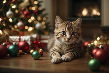 cat and christmas decorations - obrazy, fototapety, plakaty