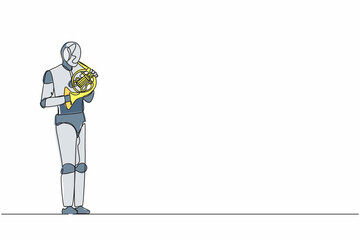 Continuous one line drawing robot musician performing classic melody on horn. Instrumentalist on brass instrument. Humanoid robot cybernetic organism. Single line graphic design vector illustration