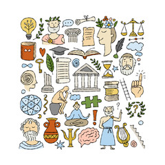 Philosophy concept art, hand-drawn philosophers and elements. Square frame background for your design, flat style