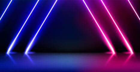 Empty product showcase and shining neon projectors. 3d vector illustration