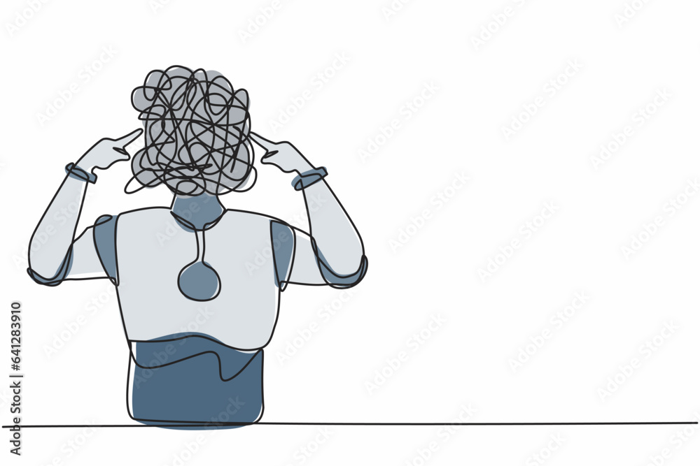 Poster single one line drawing robot with round scribbles instead of head, covering ears with fingers for l