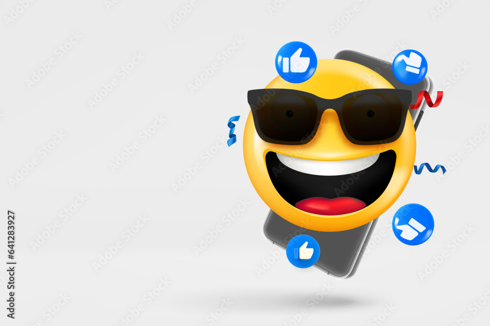 Poster modern smartphone with social media icons and laughing emoji with sunglasses. 3d vector banner with 