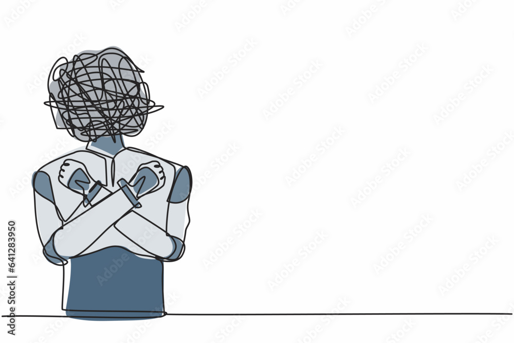 Poster single one line drawing robot with round scribbles instead of head. robot with fist clenched, arms c
