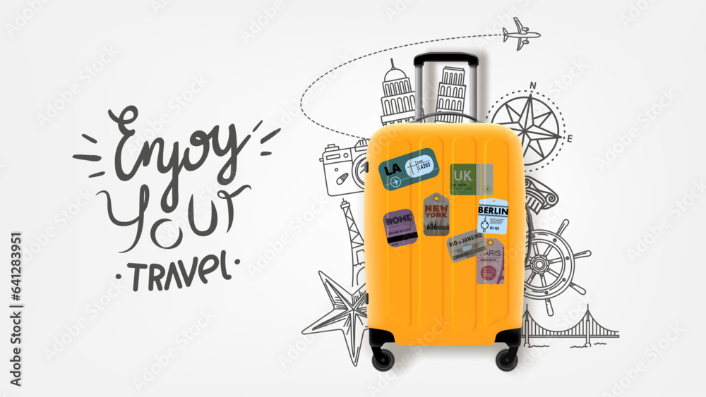 Poster enjoy your travel concept with suitcase and doodle elements. vector banner with lettering text