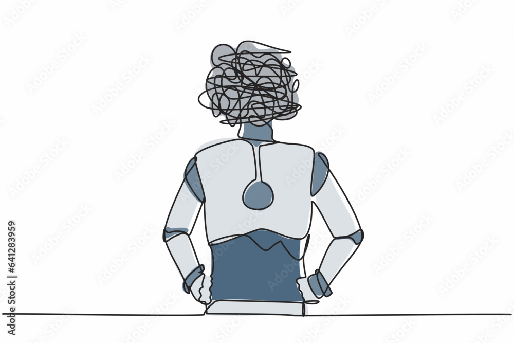 Poster continuous one line drawing robot with round scribbles instead of head, standing and holding on his 