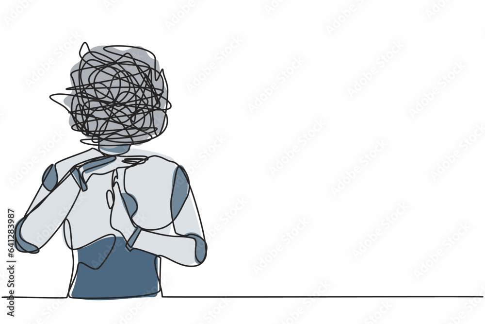 Poster single continuous line drawing robot with round scribbles instead of head. stop working, time break 