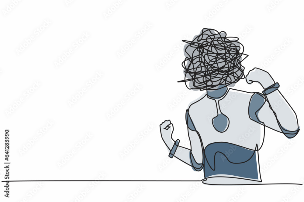 Poster single continuous line drawing robot with round scribbles instead of head. stop working, time break 