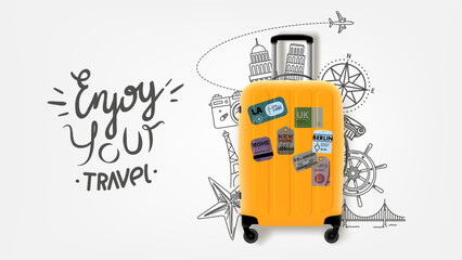 Enjoy your travel concept with suitcase and doodle elements. Vector banner with lettering text © tovovan